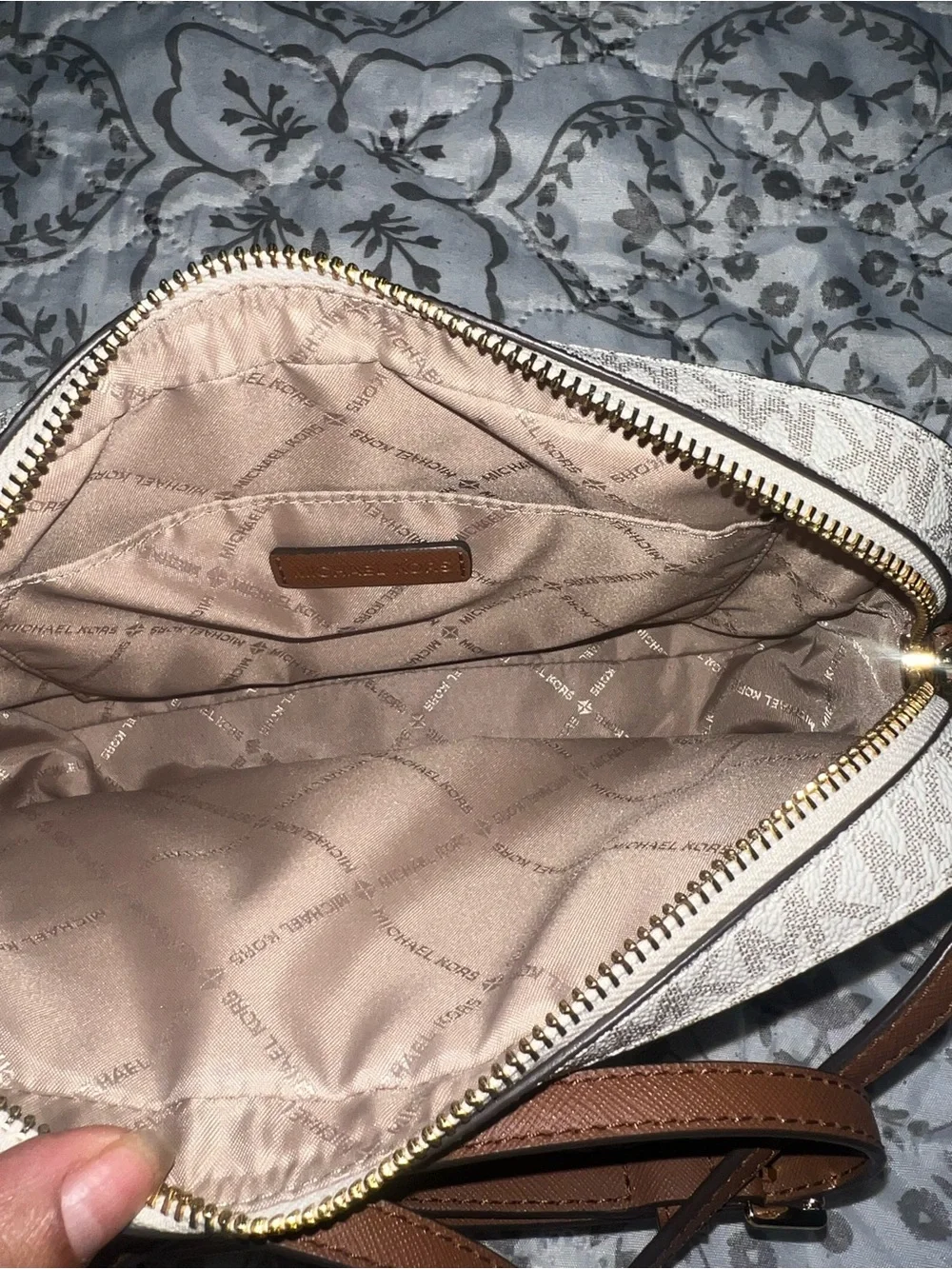 Michael Kors Beige Signature MK Crossbody with Brown Trim and Gold Chain